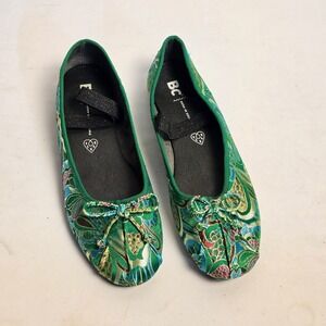 BC Footwear Green Brocade Paisley Vegan Ballet Flats Mary Jane Shoes Womens 9